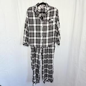 Victoria's Secret 2pc Pajama Lounge Set White Black Pink Plaid Flannel Size M